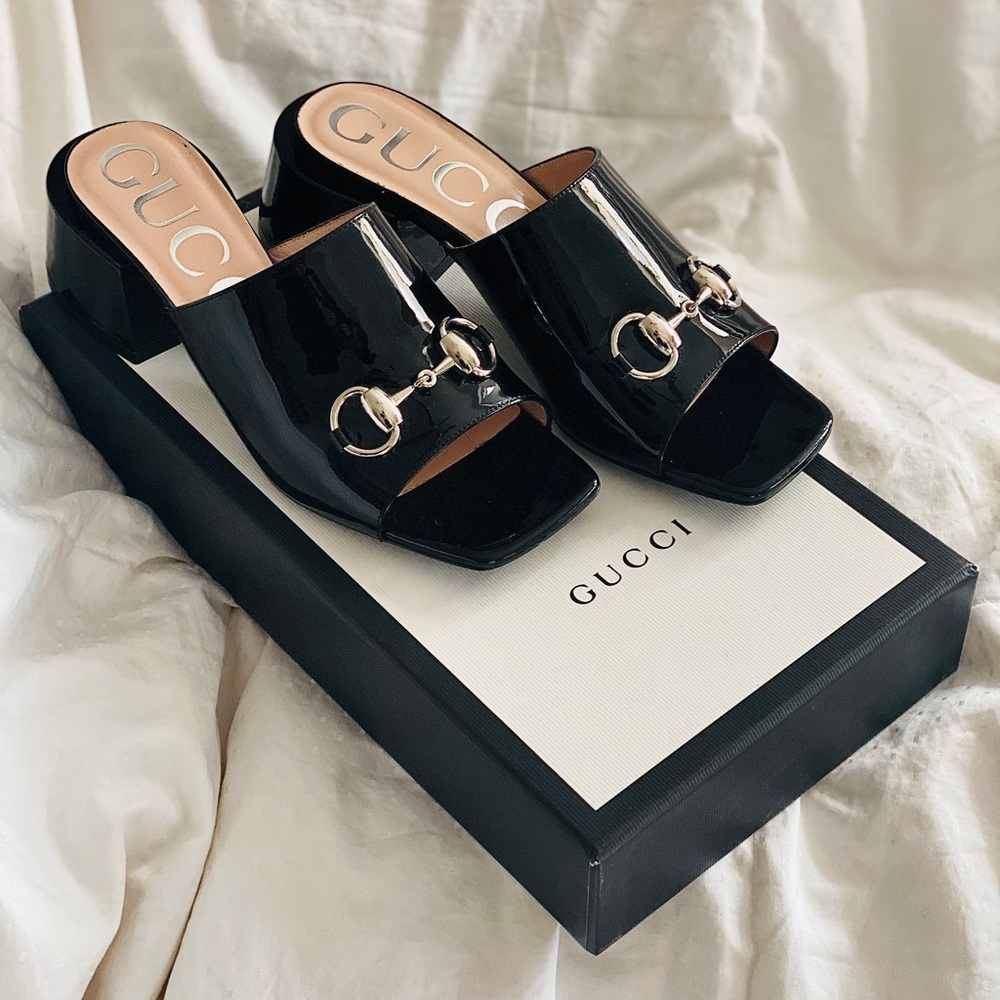 Patent Leather Gucci Slides with Horsebit